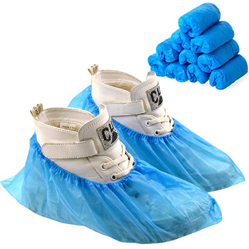 Disino 100 Pezzi/50 Paia Impermeabili Copriscarpe Monouso, Antiscivolo CPE Soprascarpe Copriscarpa in Plastica, Copri Scarpe usa e getta per Pavimento Tappeti Protezione (Blu, Taglia Unica)