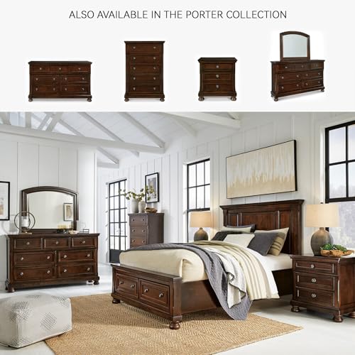 Image of Signature Design by Ashley Porter Traditional Wood Nightstand, Brown | Veneers, wood and engineered wood, 2 smooth-operating drawers, Hidden pull-out tray, Felt bottom, Bun feet