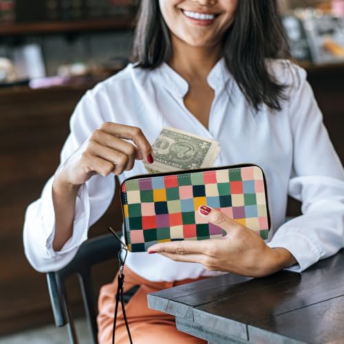 Image of Women's Wallets Credit Card Holder Money Leather Long Wallet | Long wallet with Wristlet,Large Capacity with Zip-Around Phone Purse for Women Ladies Girls,Colorful Retro Checkerboard