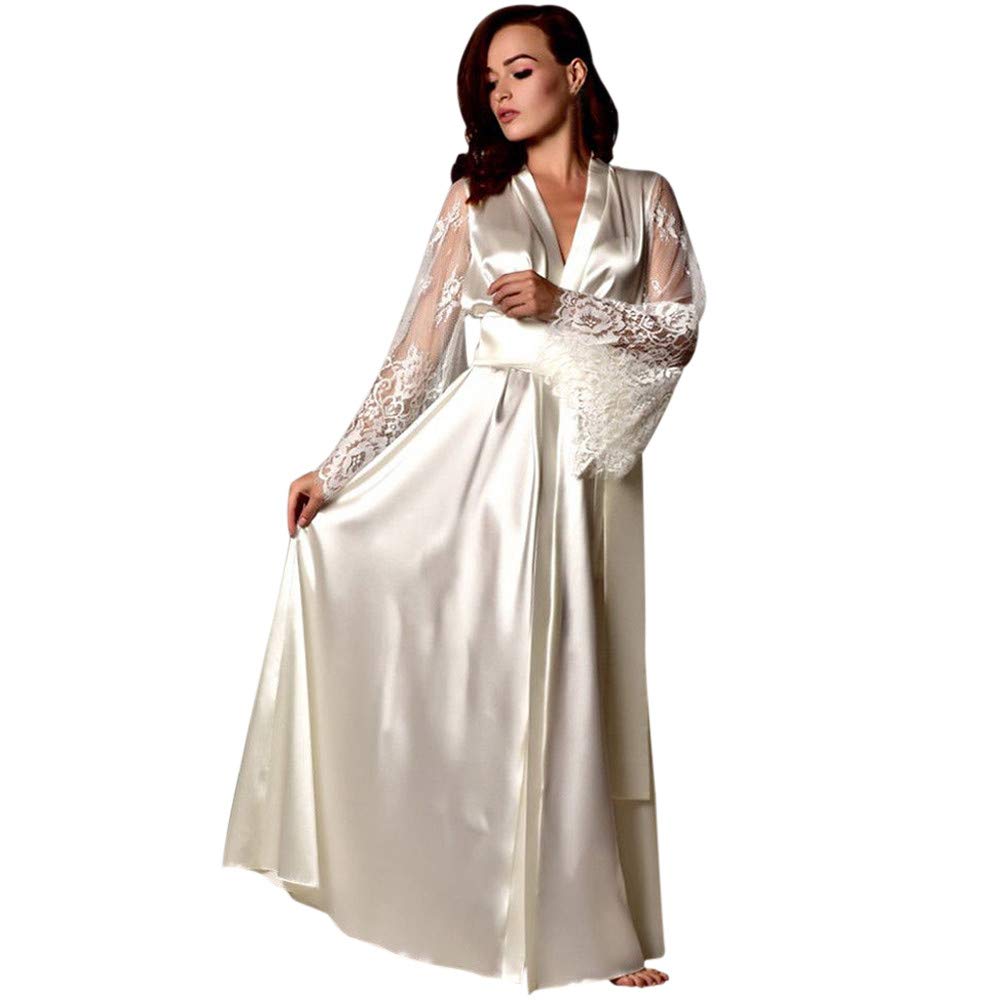 Satin Kimono Robe Long Bridesmaid Wedding Bath Robe with Lace Trim Bell Sleeve Nightwear Silk Pajama V Neck