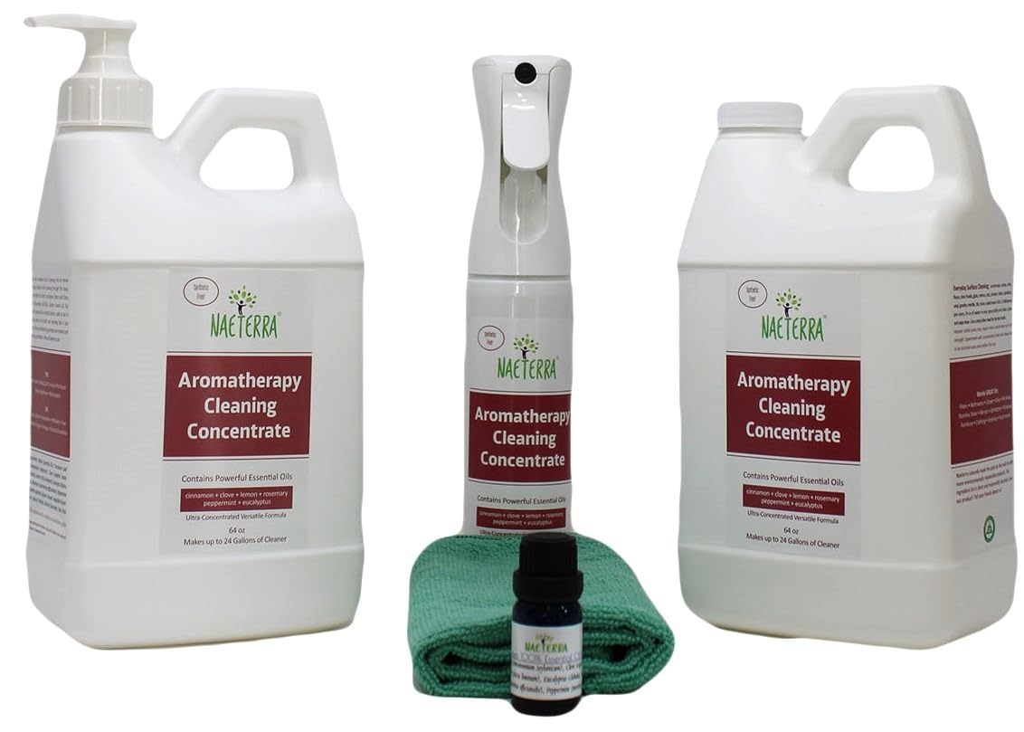 1 Gallon Naeterra Aromatherapy Household Cleaner + 1 Micro Fiber Towel + 10 ML Naeterra Oil + Dispensing Pump +(empty) 10 oz Refillable Propellent Free Spray Applicator
