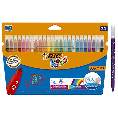 BIC Kids Kid Couleur - Feutres de Coloriage Lavables à Pointe Moyenne - Couleurs Assorties, Etui Carton de 24