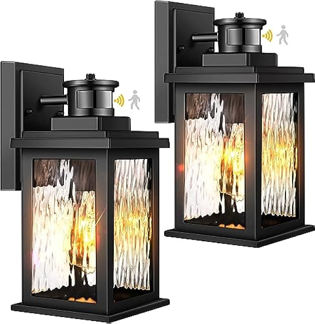 VIANIS Motion Sensor Exterior Lights for House, 2 Pack Dusk to Dawn Porch Lights Sconce Outdoor, Moden Black Outdoor Sconce Lights Lantern with Tempered Glass for Garage, Patio, Waterproof