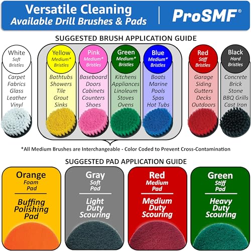 ProSMF 22 Piece Drill Brush Attachment Set-All Purpose Cleaning-Bathroom, Kitchen, Boat, Auto, Grill-Includes All 7 Colors-White-Soft, Yellow, Blue, Green, Pink-Medium, Red-Hard, Black-Stiff
