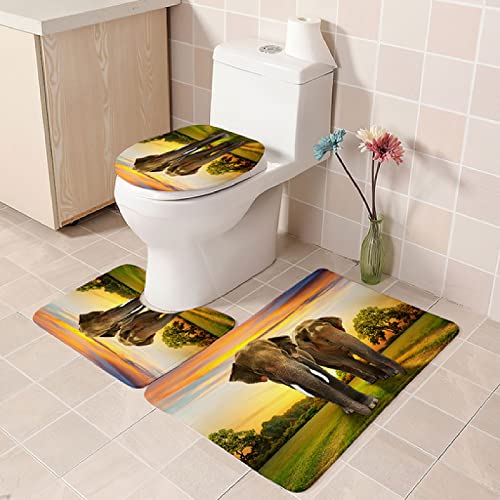 Badezimmer Teppich Set Weich Waschbar Badezimmerteppich 3 tlg Rutschfeste Badeteppich WC Vorleger Deckelbezug U-förmige Konturmatte Memory Schaum Badezimmermatte ( Sonnenuntergang Tier Elefant )