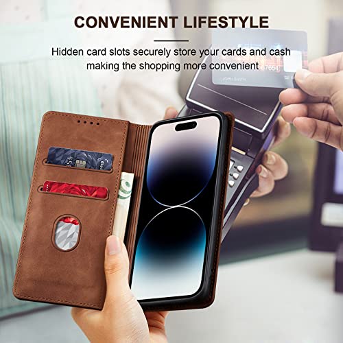 Image of Jasonyu Flip Wallet Case for iPhone 14 Pro 5G,Leather Magnetic Folio Cover with Card Holder,Kickstand - TPU Shockproof Durable Protective Phone Case,Brown