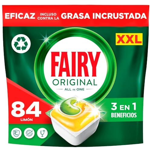 Fairy Original Todo En Uno Cápsulas De Lavavajillas, Limón, 84 Cápsulas, Efectivas Incluso En La Grasa Reseca, El embalaje puede variar