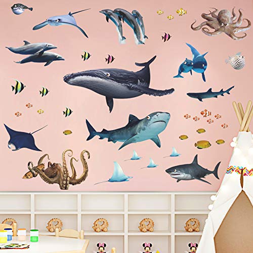 Amaonm Removable 3D Removable Under The Sea Fish Wall Sticker Diy Ocean Animals Wall Decals Whale, Shark, Squid Wall Decor Peel And Stick Art For Kids Room Baby Bedroom Nursery Boy And Girls (Fish) #TOP3