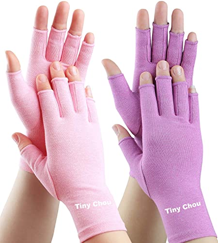 2 Pairs Fingerless Arthritis Compression Gloves for Women Men, Hand Glove Support and Warmth, Relieve Pain from Carpal Tunnel, Rheumatoid, Osteoarthritis, RSI, Typing (Medium, Pink1+Purple1)