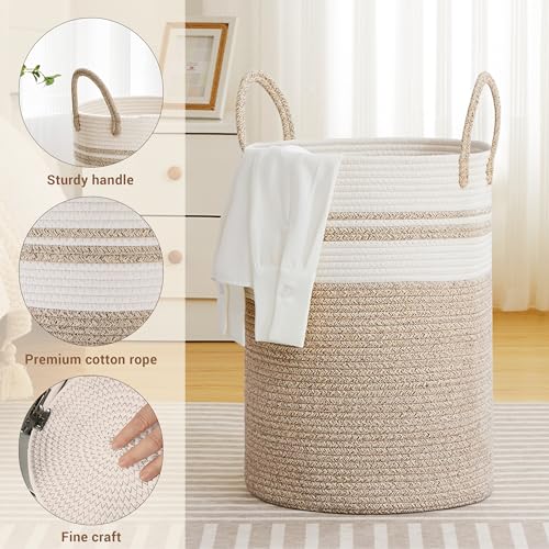 Image of 72L Large Tall Cotton Rope Laundry Basket with Handles, White & Brown