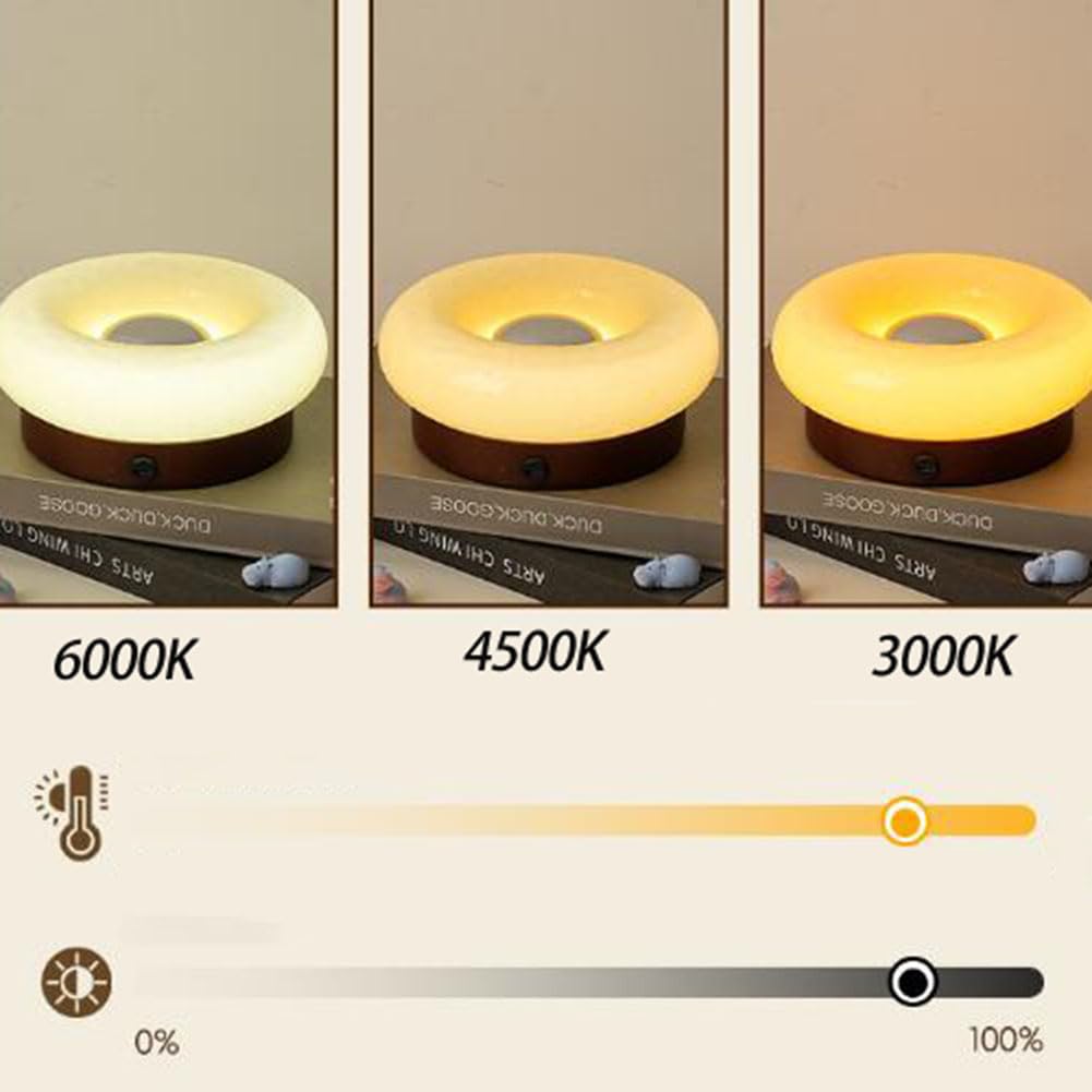 LED Donut Lampe Orange Glas Holz Tischlampe Akku USB Aufladbar Nachttischlampe mit Touch Schalter Rund Donut Tischleuchten Dimmbar Moderne Dekoration Kinderzimmer Licht für Wohnzimmer,Beige