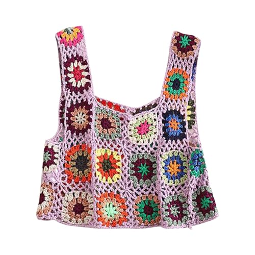 HGps8w Boho Crochet Crop Tank Top for Colorful Floral Embroidery Knit Vest Tops Hollow Out Camisole Beachwear