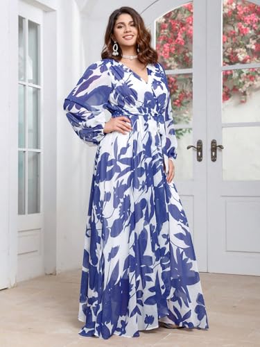 Image of Spring Summer 2024 Plus Size Womens Dresses V Neck Casual Elegant Long Sleeve Floral Print Maxi Dress