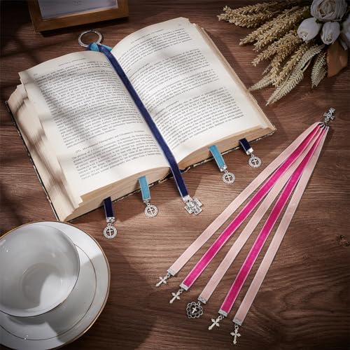 FINGERINSPIRE 2 Pcs Bible Ribbon Bookmark 2 Styles 36cm Velvet Ribbons Bookmark with 5 Ribbons Multi Page Ribbon Marker with Cross Charm for Bible Books(Jesus & Cross Heart - Image 4
