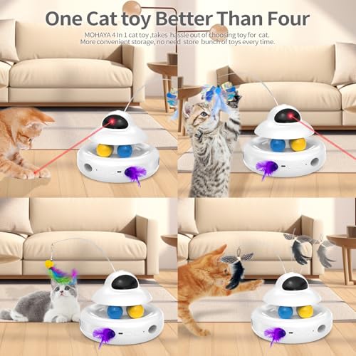 MOHAYA Cat Toys,4-in-1 Interactive Cat Toy for Indoor Cats with Laser, Fluttering Butterfly, Moving Feather and Track Balls - USB Rechargeable Self-Play Kitten Toy (White) - Image 3