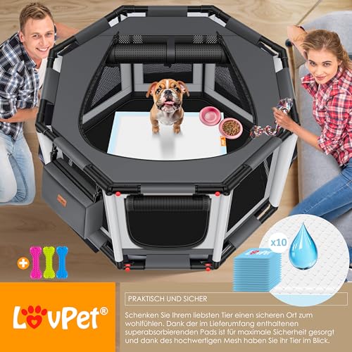 LOVPET® Welpenlaufstall drinnen draußen Welpenauslauf Hunde-Käfig Oxford-Gewebe Tier-Laufstall Kleintier Katzen Freigehege Rahmen PVC-Rohr mit Tasche, 3X Kauknochen & 10 Pad, M 72x72x43cm, Anthrazit