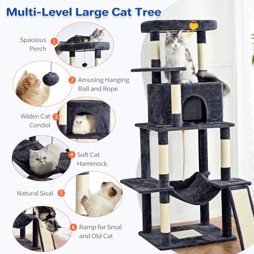ABCPET Cat Tree Tower 63in Multi-Level Cat Tower for Indoor Cats with Sisal Scratching Posts, Condo, Hammock, Dangling Ball and Extended Platform for Cats to Play, Dark Grey