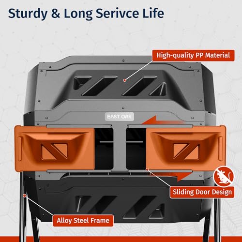 Image of East Oak Compost Tumbler Outdoor, 43-Gallon Tumbling Compost Bin with 2 Sliding Orange Doors & Aeration System, Tumbling Rotating Composter Bin for Kitchen, Garden, Yard,
