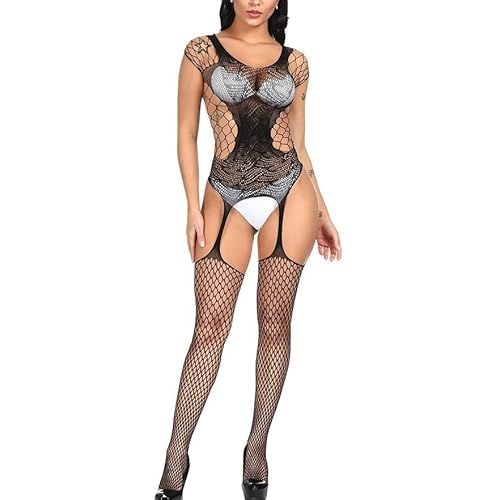 Lencería Sexy Encaje Rejilla para Mujer, Bodystockings Medias Malla de Peluche,Body Picardías Transparentes Ropa Dormir, Ropa Interior Elástica de Catsuit, Mono sin Mangas de Una Pieza Chemise (Negro) Cover
