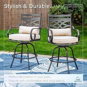 MFSTUDIO 5 PCS Outdoor Patio Bar Sets Heavy Duty Metal 4 Swivel Counter Height Chairs with Seat Back Support Cushion 1 Square Metal High Table Black