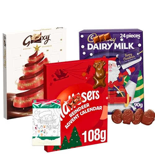 تقويم شوكولا ادفنت لعام 2025 - عبوة من 3 قطع مع شوكولاتة ديري ميلك وجالكسي ومالتسرز - شوكولاتة الكريسماس - حشو جوارب مع مجموعة تلوين الكريسماس وبطاقة