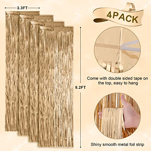 Image of Voircoloria 4 Pack Champagne Foil Fringe Backdrop Curtains, Tinsel Streamers Birthday Party Decorations, Fringe Backdrop for Graduation, Baby Shower, Gender Reveal, Disco Party