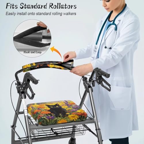 Image of Universal Rollator Walker Seat and Backrest Covers for Ladies Flower Black Cat Rollator Accessories Cute Walkers for Seniors with Seat Covers
