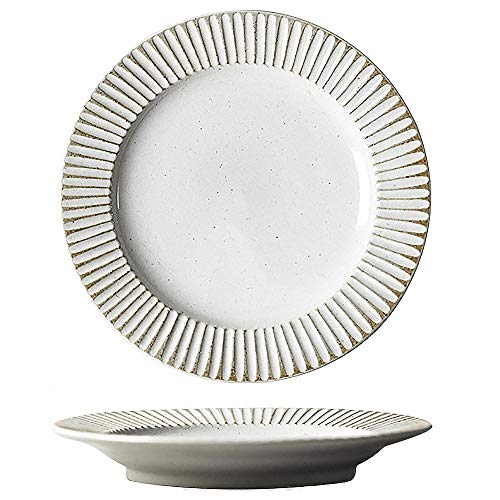 Stoneware Disc Handmade Ceramic Tableware Dim Sum Plate Steak Bread & Butter Plate Flat Plate Vertical Pattern Shallow Plate 8 Inches-White