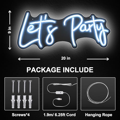 Image of Let's Party Neon Signs, Neon Light Sign for Wall Decor 20 x 9Inches Large LED Neon Sign Art Decorative Lights for Wedding Party Home Bar Store Festival, White