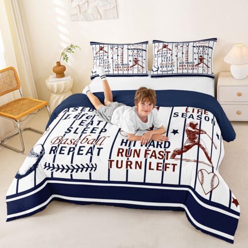 Image of Feelyou Personalized Baseball Comforter Set King Size Eat Sleep Baseball Bedding Set for Kids Boys Girls Sports Game Duvet Quilt White and Navy Blue Bedroom Decor 3 Pcs with 2 Pillow Cases