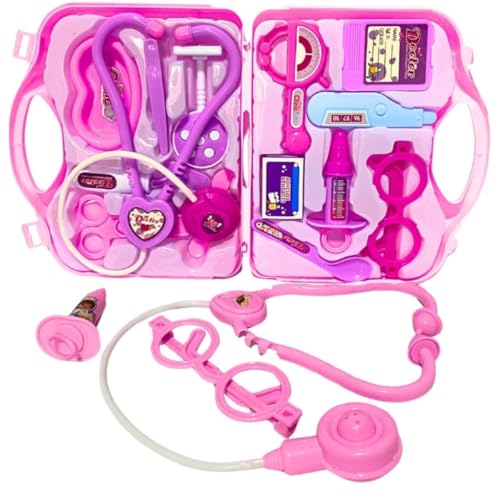 Kit Maleta Médica Infantil, Brinquedo Faz de Conta com 14 Peças, Rosa, 23 x 39 cm