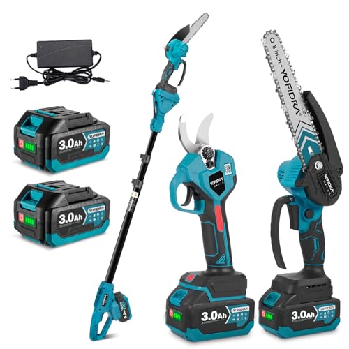 Yofidra Kit 4-en-1 d’Élagueuse et Tronçonneuse sur Perche, 8” Tronconneuse & 30 mm Sécateur Électrique Sans Fil, avec 2 Batteries 3,0 Ah, Portée...