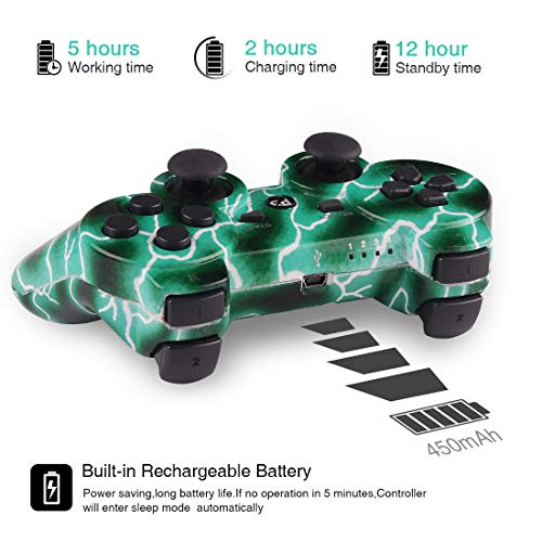 Kolopc Wireless Controller Compatible For Ps3 Console, Double Vibration, 6-Axis Gyro Sensor, Upgraded Joystick Motion Gamepad With Charging Cable (Greenflash And Whiteskull) #TOP2