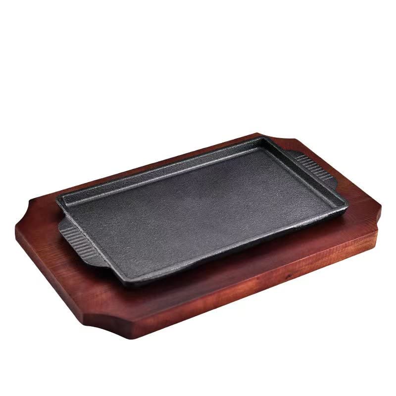 YYJINGYOU Cast Iron Steak Fajita Plate Set with wood Plate for Steak Pizza,Rectangle (7 x 4 inch)