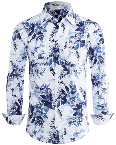 BOJIN Men's Dress Wrinkle-Free Floral Hawaiian Long Sleeve Flower Printed Casual Button Down Shirts with Pocket Flowers Ink Blue White 1X
