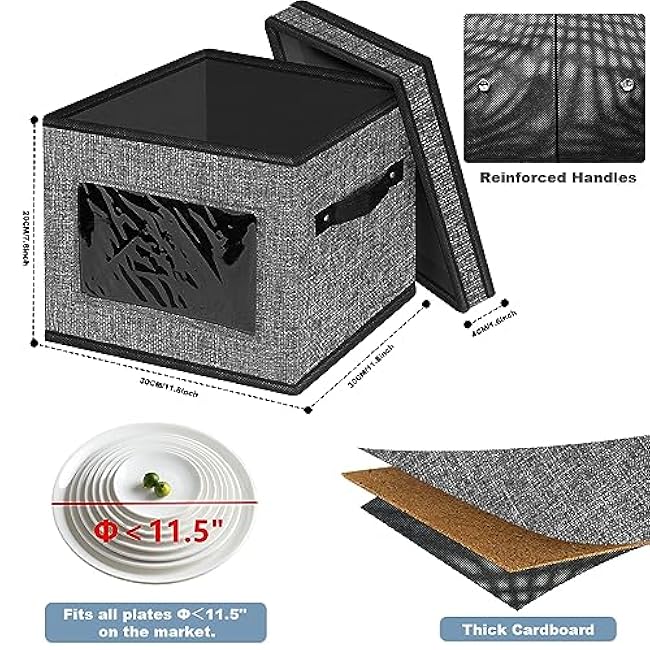 homyfort China Storage Containers With Lid and Handles, Dinnerware Storage Box for Dishes with 12 Felt Dividers, Hold 24 Plates, 12x 12, Set of 2, Grey