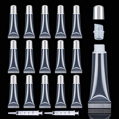 50PCS Matte Silver Lip Gloss Tubes 10ml Empty Lip Gloss Containers Lip Balm Tubes Refillable Cosmetic Squeeze Tubes for Lip Gloss Base Glitter with 2 x Syringes + 28pcs Tag Labels Stickers