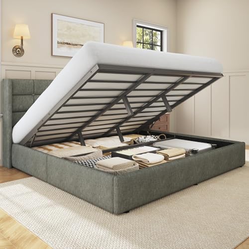 Image of HISOFT King Size Lift Up Storage Bed Frame, Linen Upholstered Platform Bed with Wingback Headboard, Heavy Duty Hydraulic Gas Lift Underbed Space, Reinforced Full Metal Slats, Noise Free, Grey
