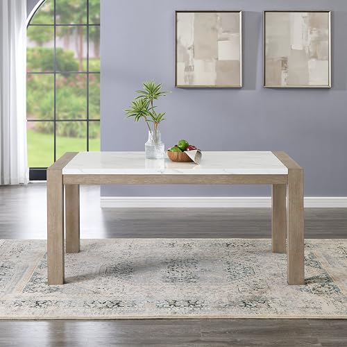 Roundhill Furniture Zelalle Faux Marble Paper Top Dining Table, White Wired-Brushed Finish