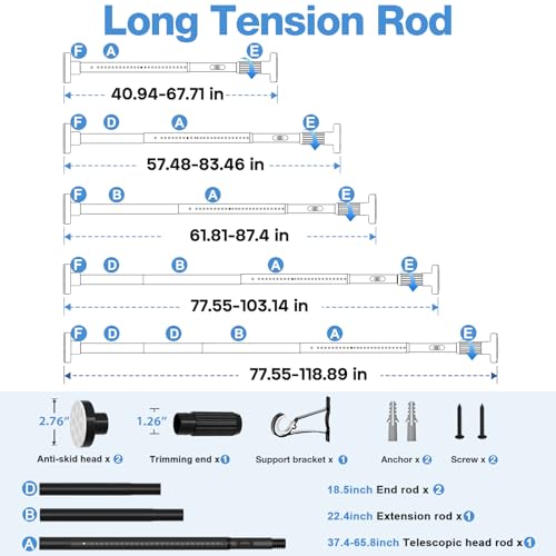 Image of Long Tension Rod 41-118inch Black Tension Curtain Rods no Drilling | 1.26 inch Diameter Outdoor Curtain Rod for Patio,Windows,Anywhere Heavy Duty Spring Rods Adjustable
