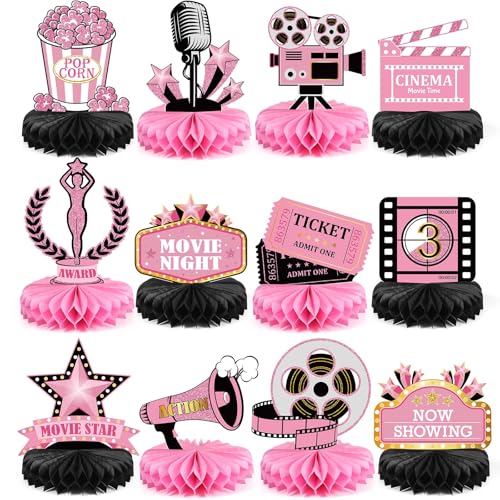 Pajean 12 Pieces Movie Night Party Decorations Supplies Movie Theater Centerpiece Honeycomb 3D Ticket Popcorn Star Table Topper Decor for Birthday Party Favors (Pink)