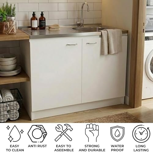 Image of Tuhome Napoles Utility Sink Base Cabinet with Integrated Stainless Steel Countertop, Freestanding Cabinet with Double Doors, Interior Shelf for Laundry Room, Utility Room, Mudroom or Kitchen