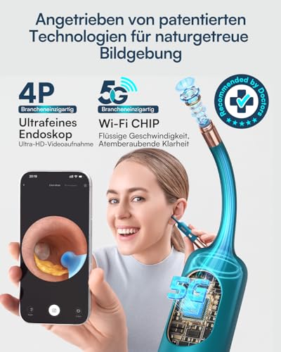 BEBIRD EarSight Ultra 5G WiFi Ohrenreiniger & Pflegegerät mit flexibler Otoskop-Kamera, Ohrenschmalz Entferner Set 30+ Zubehör, HNO-sicher für Heimanwendung-Meeresblau