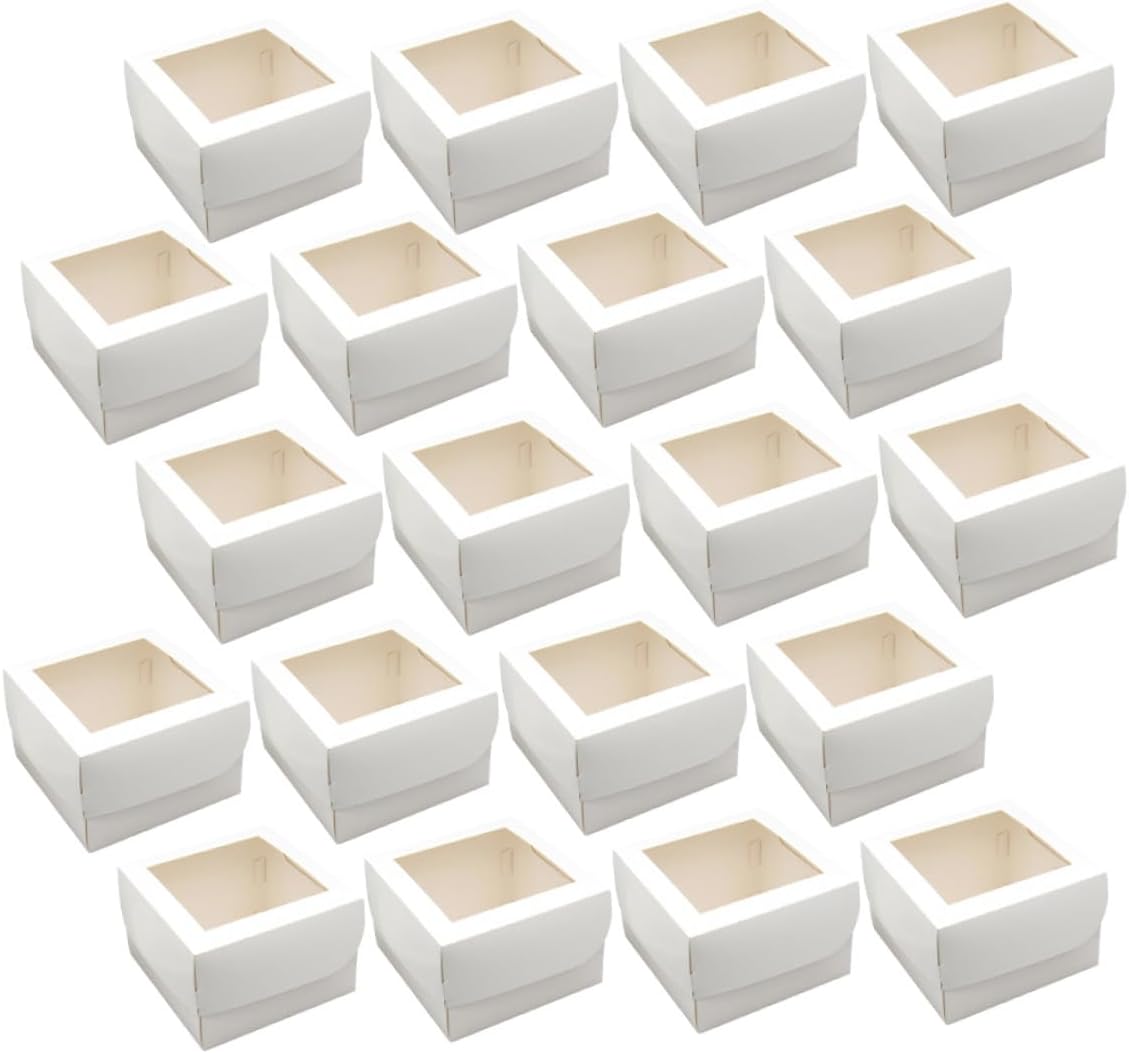 25pcs Small Cake Boxes with Window 4-inch Square Bakery Display Containers Food-grade 350gsm White Cardboard with Paper Trays for Desserts Takeout and Muffins Packaging