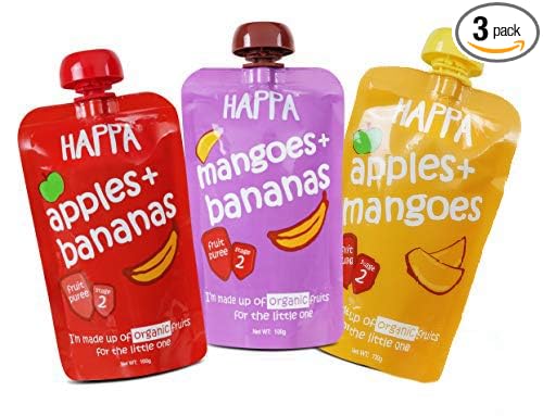 Happa Organic Food for Little one, Fruit Puree (Apple+Banana, Mango+Banana, Apple+Mango) Stage 2, 3 Pouches, 100 Gram Each