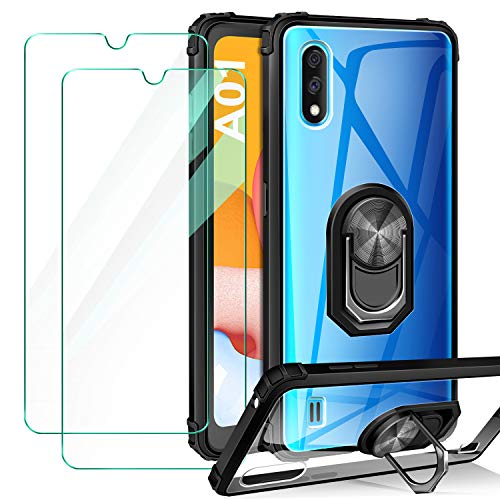 ivencase Funda Samsung Galaxy A01 + [2-Unidades] Cristal Templado, Transparente Airbag Anti-Choque Protector Carcasa con 360 Grados Imán Soporte Silicona Bumper Case para Samsung A01, Clear Negro