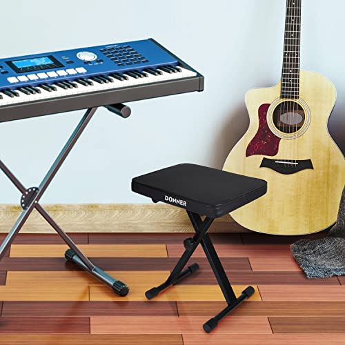Donner Piano Bench, Adjustable Keyboard Bench Portable Stool Collapsible Chair Foldable Seat X-Style, 1.6 Inch Thickness High-Density Sponge Padded, Non-Skid Design, Black #TOP1