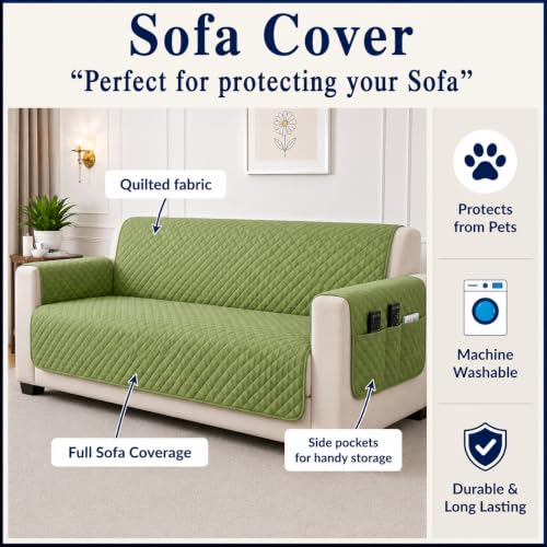 Image of STITCHNEST 'Airsoft Range Series' Solid Quilted Velvet Sofa Cover for 2 Seater | Premium Soft Velvet Sofa Protector | Olive Diamond Quilted Design with Armrest Pockets | Furniture Cover