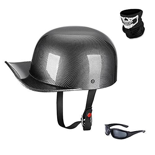 Woljay Vintage Open Face Motorcycle Helmet Retro Baseball Cap Half Helmets Men Women for Cruiser Street Scooter Moped Cap Jet with Mask Glasses - DOT Certified (X-Large, Gloss Carbon Fiber)