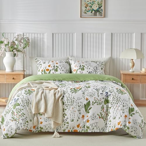 Image of Lekesky Queen Size Duvet Cover Set, Lightweight Soft Microfiber Comforter Cover, Reversible Duvet Cover Queen with Floral Pattern, 3 Pieces Green Bedding Set with Zipper and 2 Pillowcases​